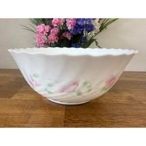 Arcopal France Florentine Milk Glass Serving Bowl‎ Pink Floral Large